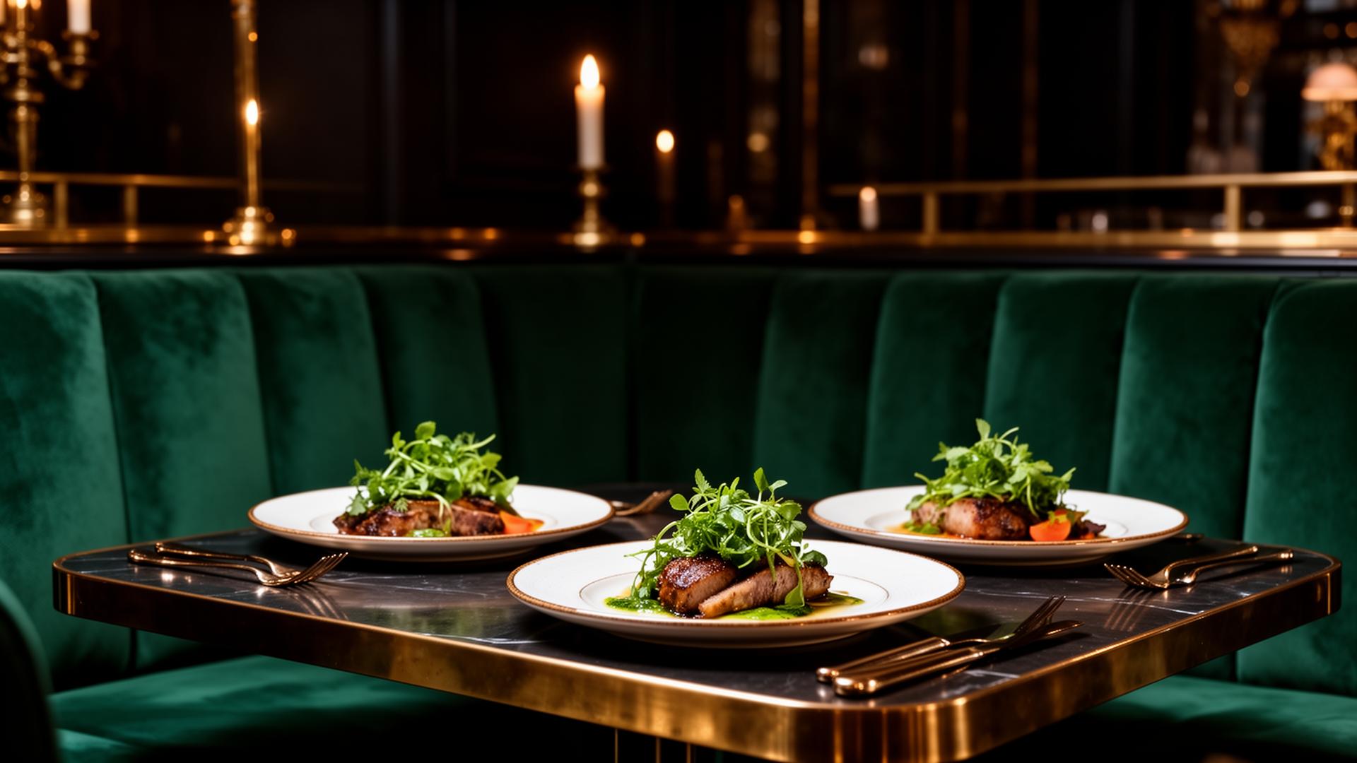 Elegant restaurant interior with emerald velvet booths